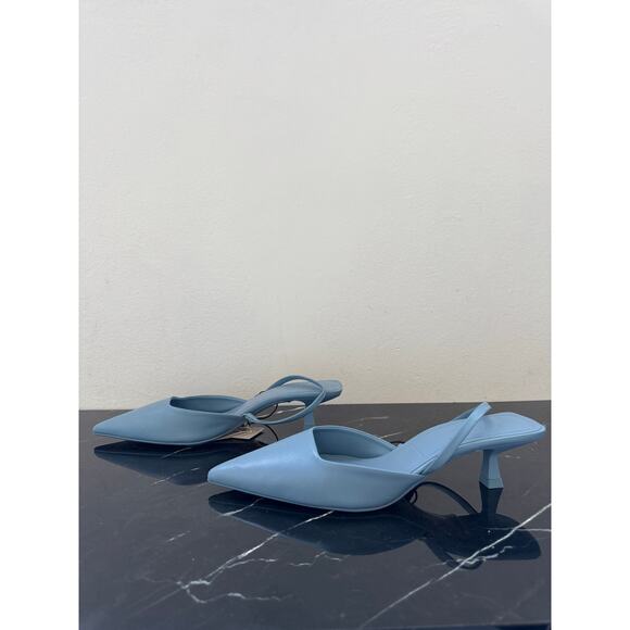 ZARA Powder Blue Pointed Toe Slingback Mule Kitten Heels - Picture 6 of 13